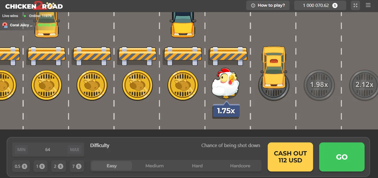 Chicken Road 2 interface showing the chicken crossing the road at 1.75x odds